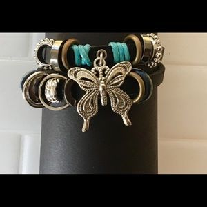 Black Leather Boho Beaded Butterfly Bracelet